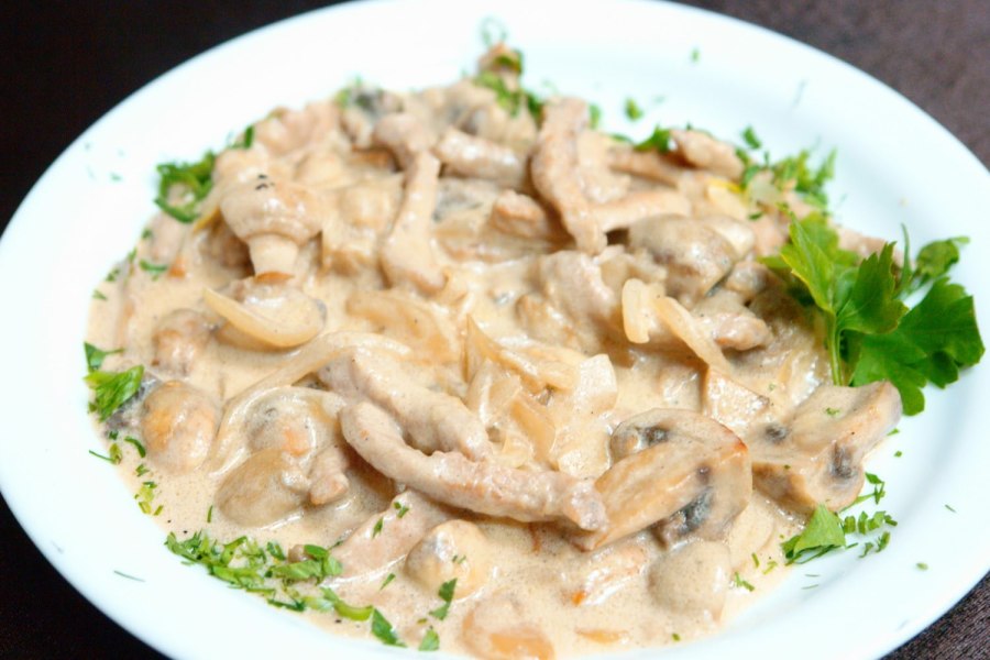Куриное филе с грибами в сливочном соусе на сковороде