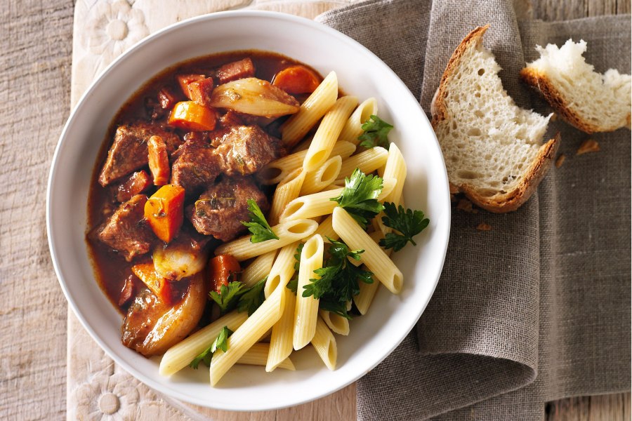 Паста с говядиной и овощами