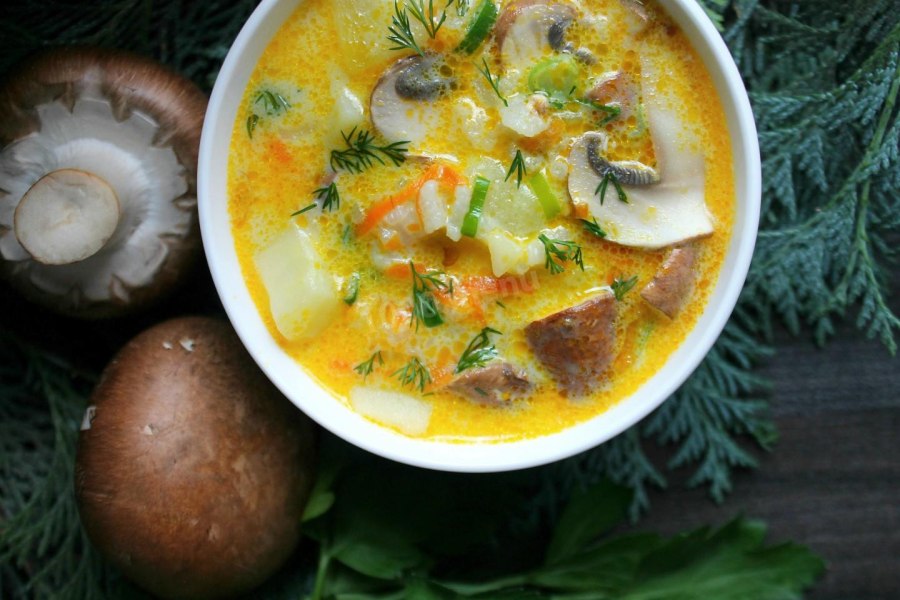 Сырный суп с баклажанами и чесноком.