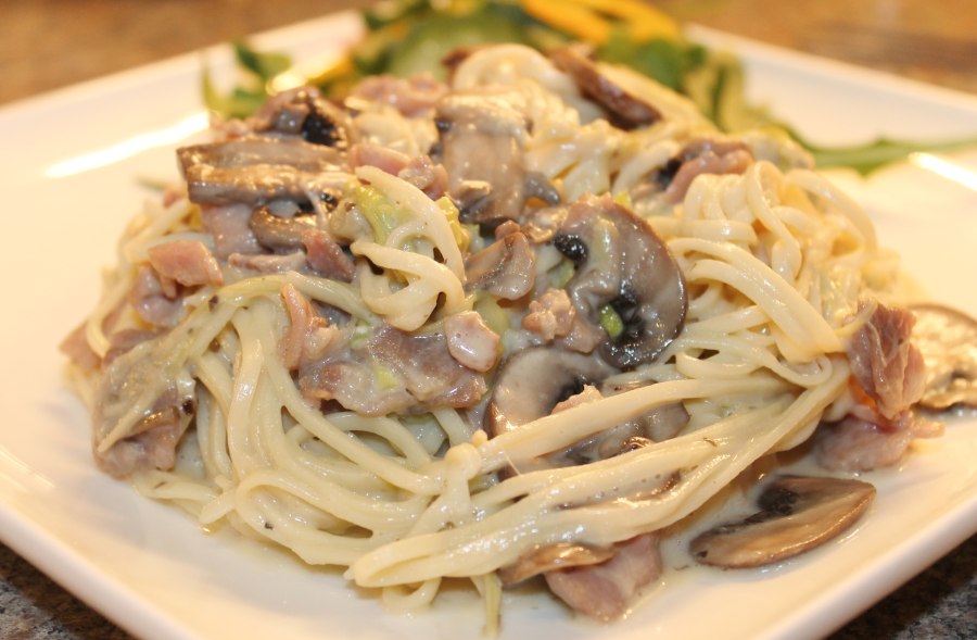 Паста карбонара с курицей и грибами