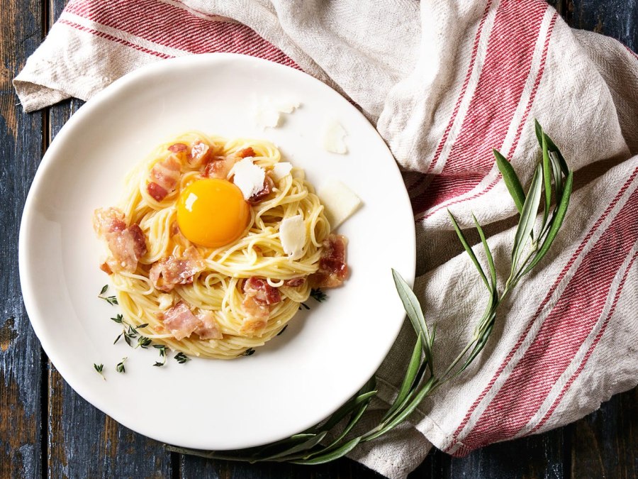 Паста карбонара с беконом и яйцом